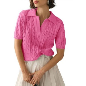 Women's Cable Short Sleeve Sweaters Tops Solid Lapel V Neck Cable Knit Casual Soft Pullover Shirt - 1 of 4
