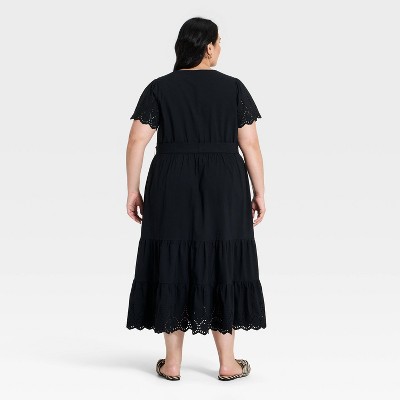Women Short Flutter Sleeve V-Neck Front Tiered Eyelet Midi Dress – Ava