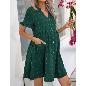 Womens Maternity Dress Swiss Dot V Neck Short Sleeve Button Down Summer Casual Baby Shower Mini Dresses - 1 of 4