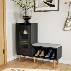 Gulches 36 in H x 39 in W Black Tempered Glass Padded Seat L Shaped Modern Shoe Storage Cabinet - 1 of 4