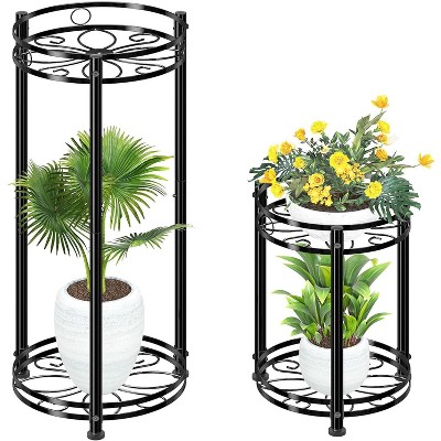 Simple Trending Round Plant Stand Indoor Outdoor, Waterproof Metal Tall Shelf 2 Pack, Black