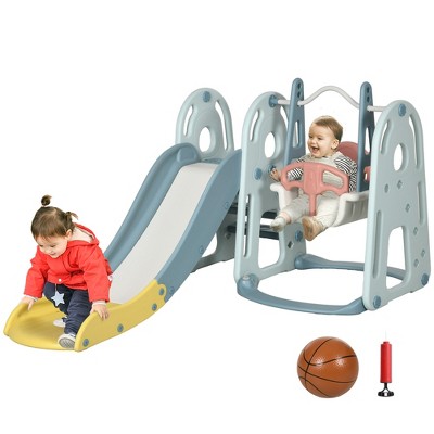 Image of Qaba 4 in 1 Toddler Slide and Swing Set with Adjustable Seat Height and Basketball Hoop, Freestanding Kids Climber Slide Playset with Basket Ball