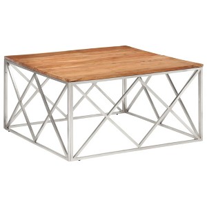 vidaXL Modern Square Coffee Table - Solid Acacia Wood & Silver Stainless Steel, Spacious Top, Stain-Resistant Surface - 39.4"x39.4"x19.7" - 1 of 4