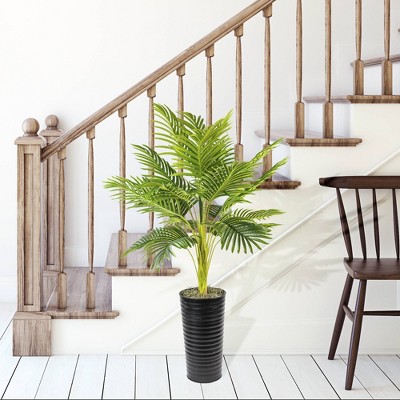 48" Green Artificial Palm in Black Ribbed Metal Planter