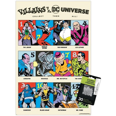 Trends International DC Comics 90th - Villains Of The Universe Unframed Wall Poster Print Clear Push Pins Bundle 14.725" x 22.375"