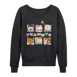 Women's - Peanuts - Boxes Snoopy And Friends Lightweight French Terry Wide Neck Long Sleeve Shirt - 1 of 4
