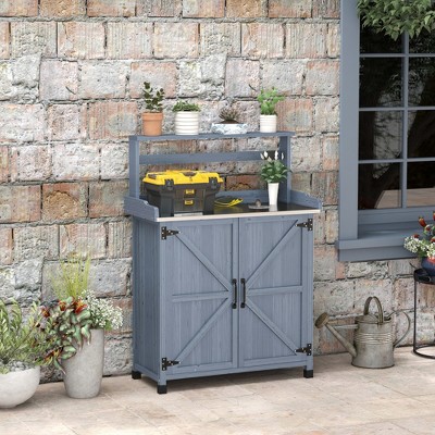 Gray Wooden Potting Bench with Storage Cabinet and Shelves