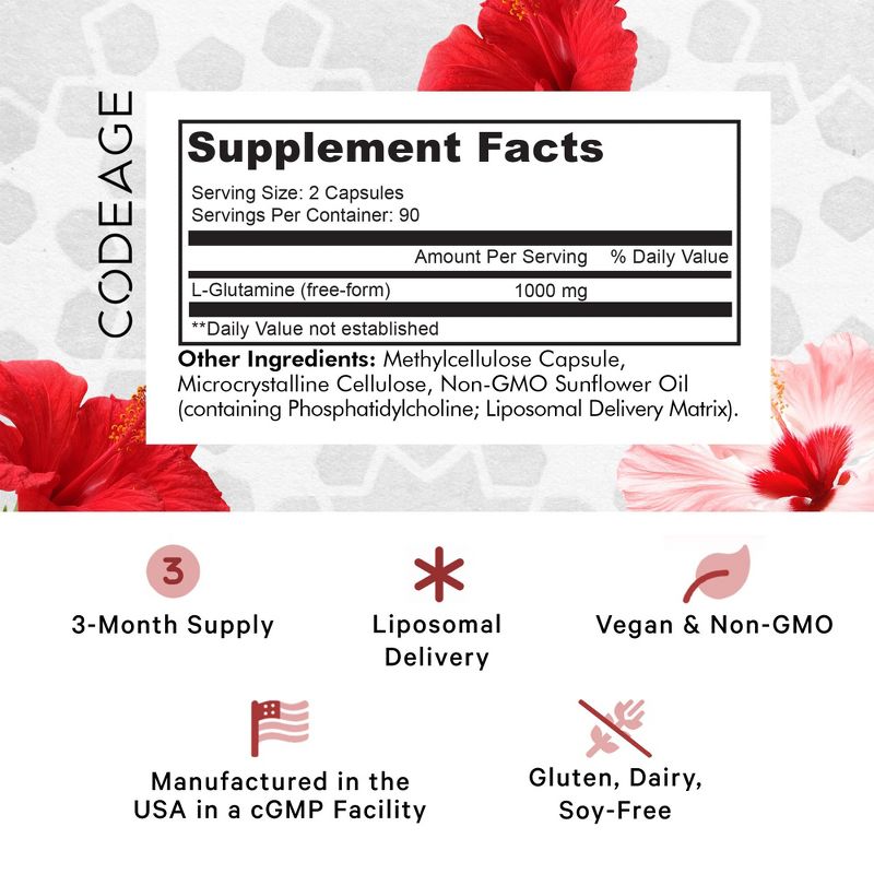Codeage Liposomal L-Glutamine 1000mg Supplement, Free-Form Glutamine Formula, 3-Month Supply - 180ct, 2 of 9