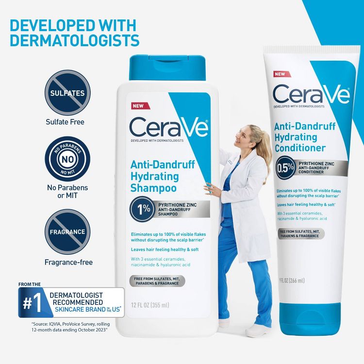 A bottle of CeraVe Anti-Dandruff Hydrating Shampoo with 1% Pyrithione Zinc, labeled as sulfate-free, paraben-free, and fragrance-free, alongside a tube of Anti-Dandruff Hydrating Conditioner.