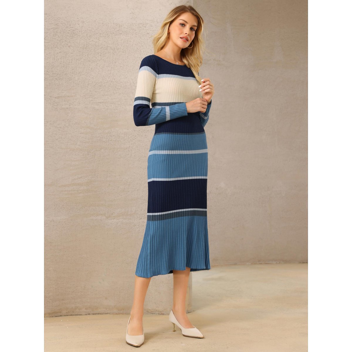 Женские платья INSPIRE CHIC Women's Striped Long Sleeve Casual Work Ribbed Knit Bodycon Sweater Dress Khaki Small 2 Packs Grey Blue/Fushcia Medium — фото 3