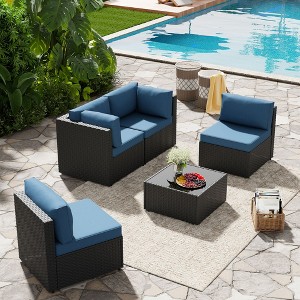 Celebalcony 5-piece black rattan sofa seating set (with cushions) Navy Blue - 1 of 4