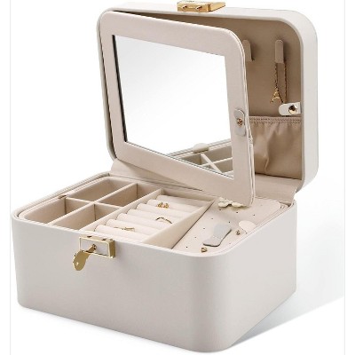 Jewelry Organizer Box, 2 Layers, Large Capacity, Double Lock and Large Mirror, Hidden Necklace Hooks, Removable Dividers