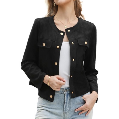 INSPIRE CHIC Women's Faux Suede Crew Neck Long Sleeve Button Down Vintage Casual Cropped Jackets Small Black