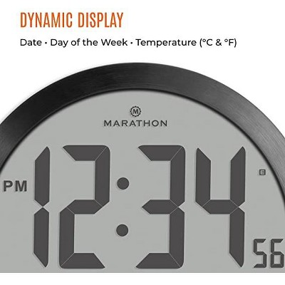 Marathon 15-Inch Black Aluminum Digital Wall Clock with Calendar and Temperature Display