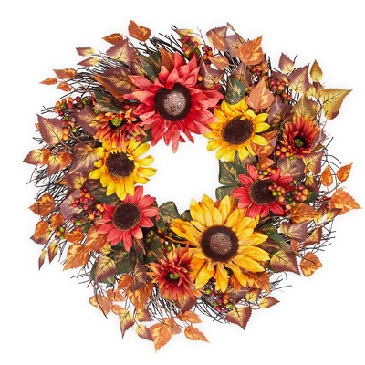 24 Inch Fall Wreaths for Front Door, Sunflower Wreath with Berries, Thanksgiving Harvest Wreath