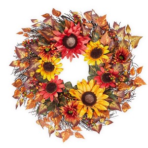 24 Inch Fall Wreaths for Front Door, Sunflower Wreath with Berries, Thanksgiving Harvest Wreath - 1 of 4