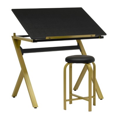 2pc Stellar Drawing Table with 36" Adjustable Top with Stool Set Black/Gold - studio designs