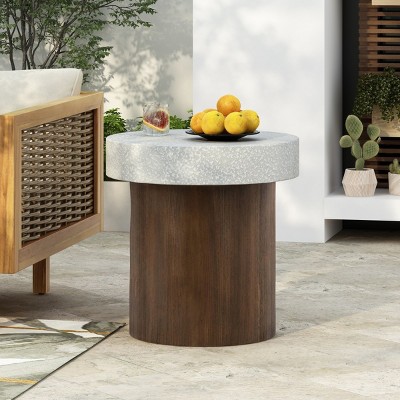 Indoor Or Outdoor MGO Cylindrical Side Table,Coffee Table With Faux Stone Texture Tabletop And Natural Wood Frame,No Assembly-Coolbibila
