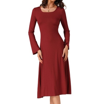 INSPIRE CHIC Women's Knit Midi A-Line Drawstring Back Square Neck Long Sleeve Dresses