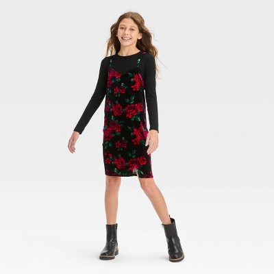 Girls' Long Sleeve 2 For 1 Dress - Art Class™ Black Floral Xs : Target