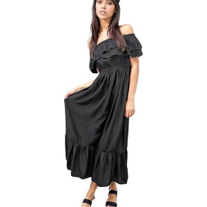 Anna-Kaci Women's Off Shoulder Double Ruffle Elastic Waist Maxi Flared Dress for Daily Wear - Large, Black - 1 of 4