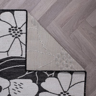 Black and White Floral Flat Woven Synthetic Runner Rug