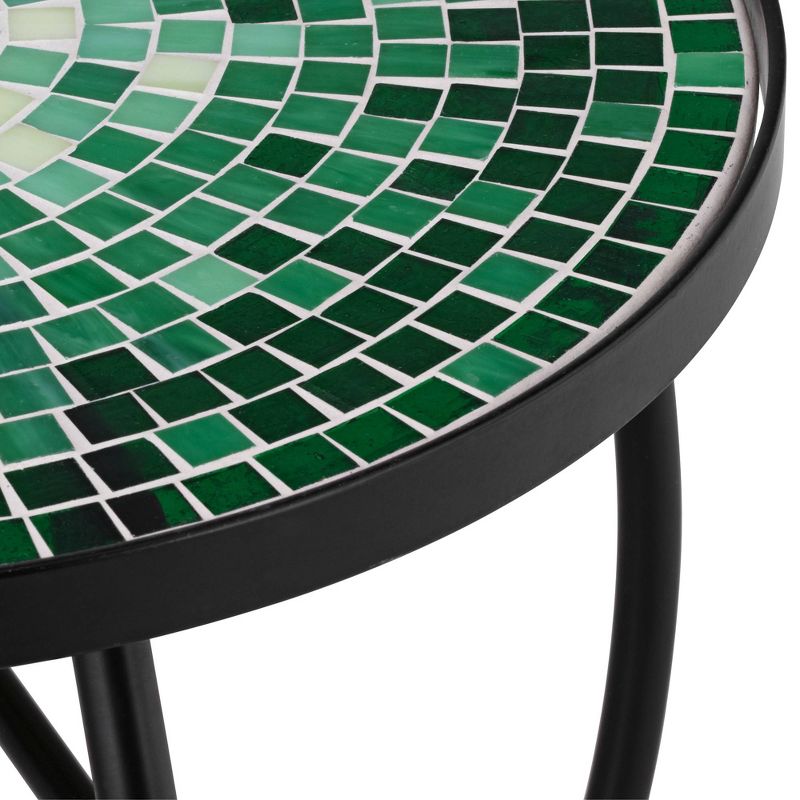 Teal Island Designs Modern Black Round Outdoor Accent Side Tables 14" Wide Set of 2 Green Mosaic Tabletop for Front Porch Patio Home House, 2 of 8