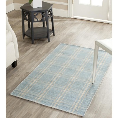 Light Blue Plaid Wool and Cotton Flat Woven Rug