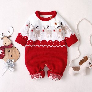 MyKids-Usa Baby Christmas Giraffe Pattern Shoulder Button Design Sweater Rompers - 1 of 4