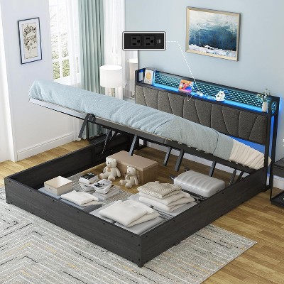 AMERLIFE Lift Up Bed Frame with Linen Upholstered & LED Light & Storage Headboard