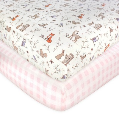 Image of Hudson Baby Infant Girl Cotton Fitted Crib Sheet, Enchanted Forest, One Size