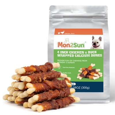MON2SUN Double Flavor Dog Treats, 4 Inch Chicken and Duck Wrapped Calcium Bones, Rawhide Free Chews for Small Dogs, Teeth Cleaning Bones