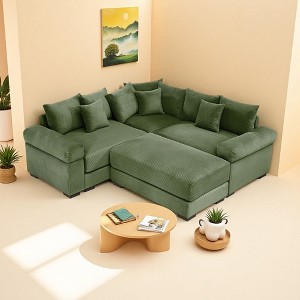 79.1" Corduroy Cloud Sectional Sofa Bed with Thick Cushions & Ottoman - 1 of 4