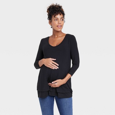 3/4 Sleeve Scoop Neck Nursing Maternity T-shirt - Isabel Maternity By  Ingrid & Isabel™ Black S : Target