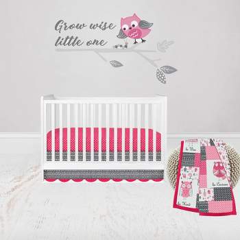 Bacati - Owls in the Woods Pink Fuschia Gray 3 pc Baby Girls Crib Bedding Set