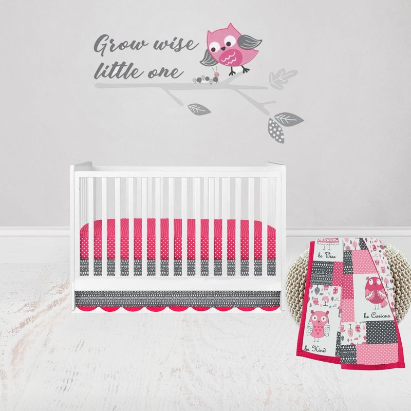 Bacati - Owls in the Woods Pink Fuschia Gray 3 pc Baby Girls Crib Bedding Set, 1 of 7