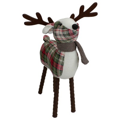 16" Green and Red Plaid Wooden Deer Figurine