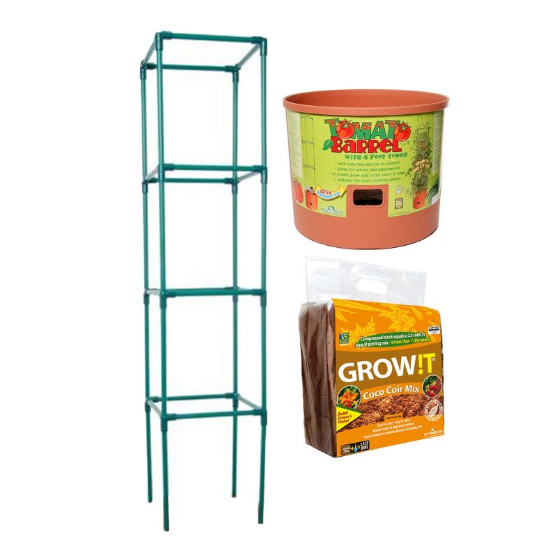 Hydrofarm Tomato Barrel Pot Garden Planting System with 4 Foot Trellis Tower & GROW!T Coco Coir Mix Block for Hydroponics, Indoor, and Outdoor Plants, 1 of 7