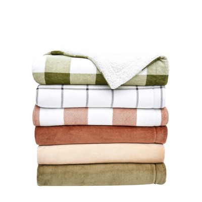 Olive Green Buffalo Check Full Sherpa Fleece Reversible Blanket