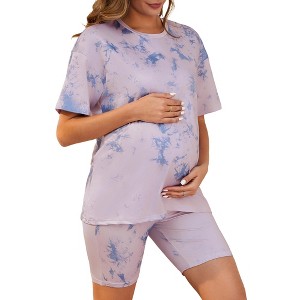 INSPIRE CHIC Women Maternity Set Tie Dye Short Sleeve and Shorts Set Pregnancy Pajama Outfits Bike Shorts - 1 of 4