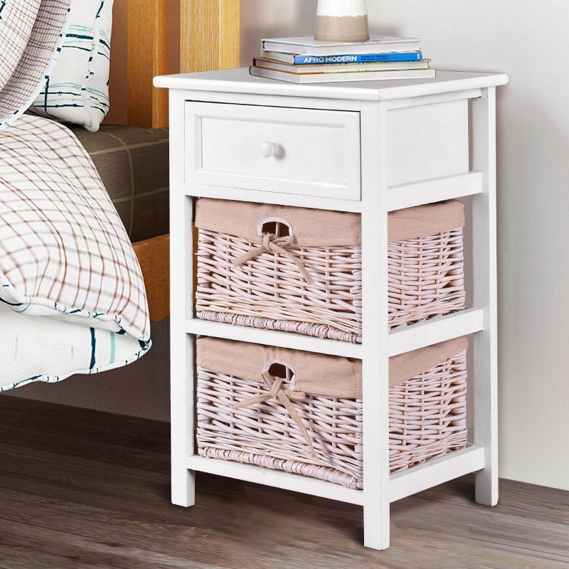 Costway White Night Stand 3 Tiers 1 Drawer Bedside End Table Organizer Wood W/2 Baskets, 3 of 11
