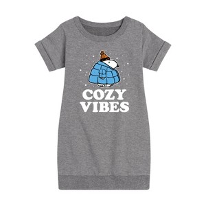- Peanuts - Snoopy Puffer Cozy Vibes Graphic Short Sleeve Fleece Dress - 1 of 4