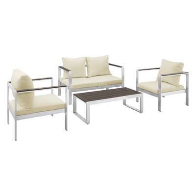 4pc Aluminum/Wood Mod Style Chat Set with Cushions - Silver/Espresso - Saracina Home
