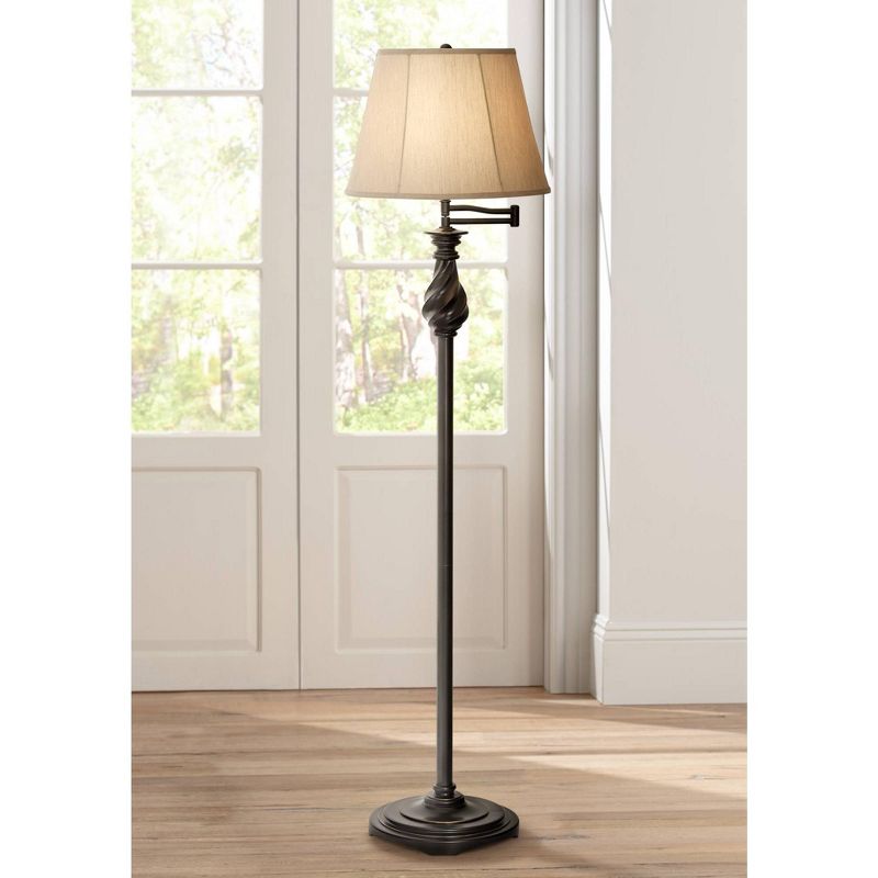Regency Hill Traditional Swing Arm Floor Lamp 58" Tall Painted Black Bronze Swirl Font Faux Silk Beige Shade for Living Room Reading Office, 2 of 10