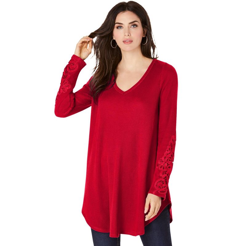 Roaman's Women's Plus Size V-Neck Lace-Sleeve Thermal Tunic, 1 of 2
