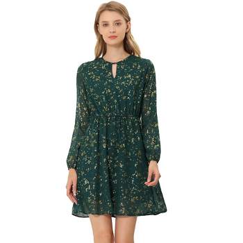 Loose Tiny Floral Print Dress - Knee Length / Long Sleeve / Gray Green