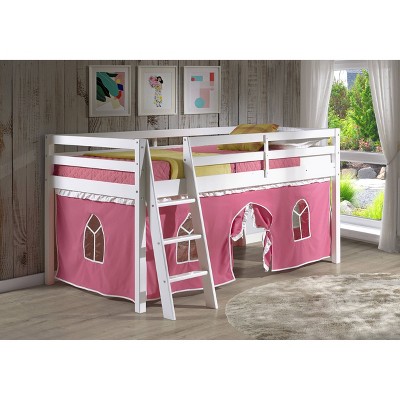 White Pine Twin Loft Bed with Pink Playhouse Tent