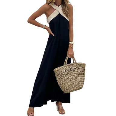 Women Halter Neck Sleeveless Contrast Trim Open Back Flowy A Line Maxi Dress  Black XL : Target
