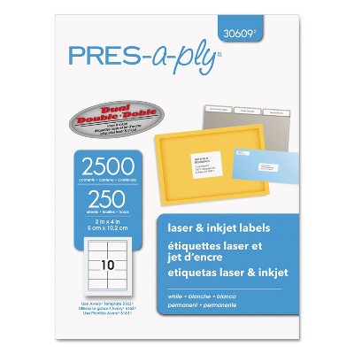 Pres-A-Ply Laser Address Labels 2 x 4 White 2500/Box 30609