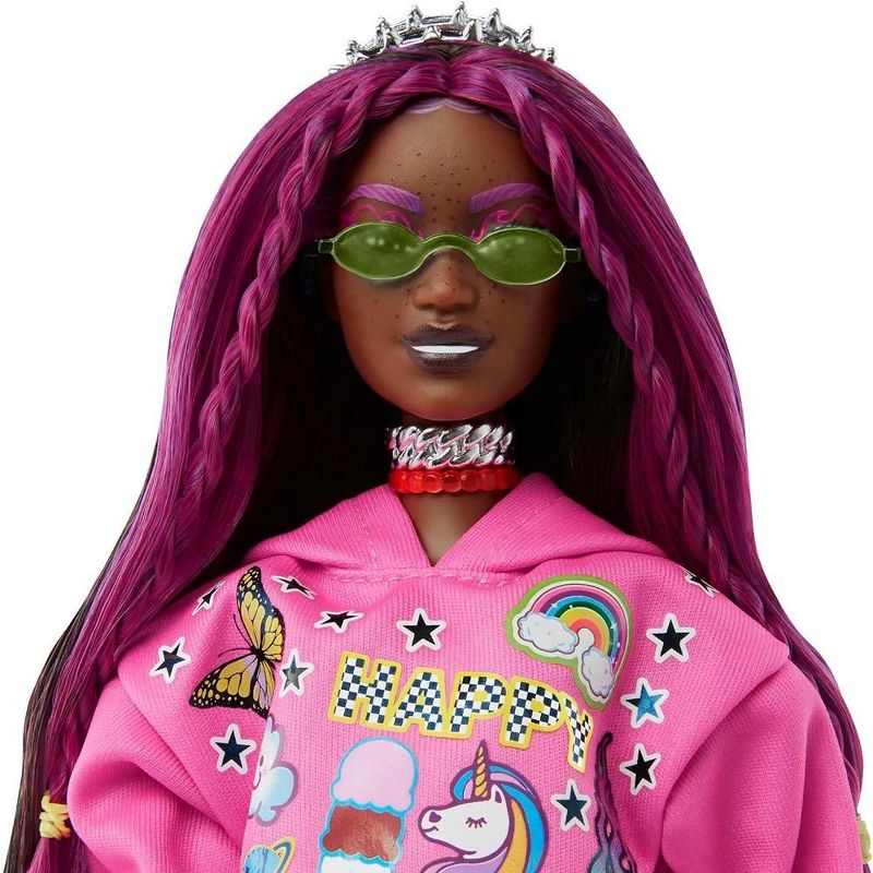 Barbie Extra Fashion Doll with Pink-Streaked Brunette Hair in Graphic Hoodie with Accessories & Pet, 3 of 7